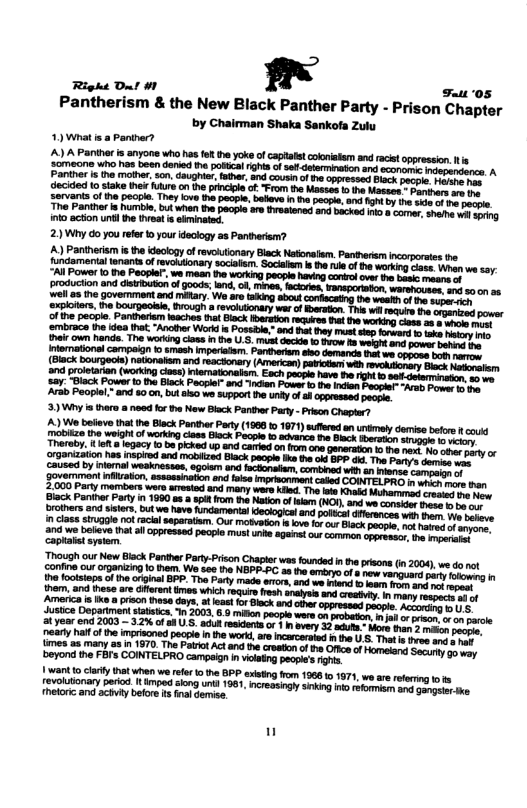 Righs Dul #1 1! ot 05  Pantherism & the New Black Panther Party - Prison Chapter  by Chairman Shaka Sankofs Zulu 1) Wnat i a Paniter?  == 2 e e S e  R S e e  T S T s S R  3 Why i there 8 need for he New Black Panther Pary - Preon Chaplar?  L S et hr s r 10 87 et om 19081 187, vl o1 revobonary pede, 1 mped skng i 1981 essingy g s koo s e e thetoric and activity before its final demise. h 